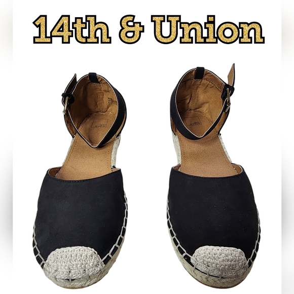 ESPADRILLE 14TH & UNION Denni-Lea Black Leather Flats Buckle Ankle Straps - Picture 1 of 16